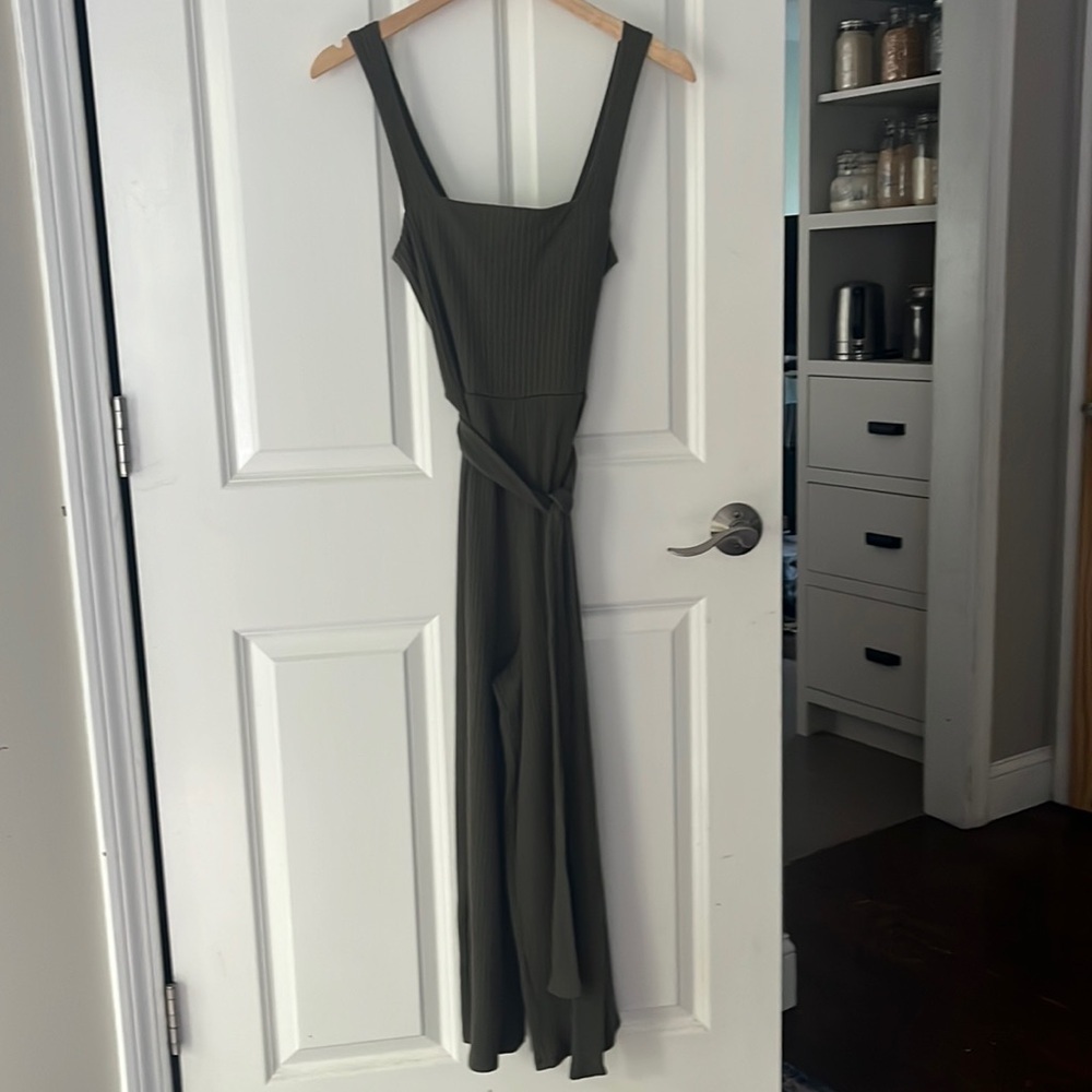 American Eagle Women's Ribbed Tie Waist Tank Jumpsuit in Olive Green sz XS - Picture 3 of 14